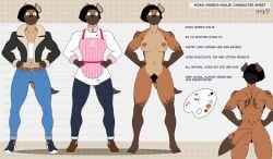 anthro apron areola ass breasts brown_body brown_fur character_sheet chef_uniform clothing curly_hair ear_tuft female flat_shading fur fur_markings grey_eyes hair hairy_vulva hi_res hyena mammal markings masikadraws moka_(masikadraws) muscular muscular_female nipples nude palette pattern_background pubes simple_background solo spotted_hyena tail text tomboy tuft tufted_fur