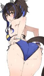 1girls ass_focus bikini blue_bikini blue_hair blue_nails blush bracelet brown_hair daitaku_helios_(umamusume) earrings fang female hairclip horse_ears horse_girl horse_tail kumiyabe looking_back makeup nail_polish ponytail rear_view sharp_fingernails short_hair solo solo_female star sweat tail two-tone_hair umamusume yellow_eyes