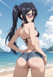 1girls ai_generated ambrose ass beach bikini black_hair bleach blush breasts denim_shorts female female_only kuchiki_rukia light-skinned_female long_hair looking_at_viewer looking_over_eyewear looking_over_sunglasses micro_shorts ocean outdoors petite purple_eyes self_upload short_shorts shorts showing_ass side_ponytail skinny small_breasts solo stable_diffusion sunglasses thigh_gap tinted_eyewear