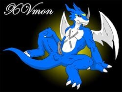 anus balls blue_skin claws colored digimon erection exveemon male male_only penis salamander_(artist) scalie sketch smile solo spread_legs spreading traditional_media wings