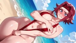 @_@ ai_generated balecxi beach blue_eyes blush breasts code_geass covering_crotch covering_privates curvy day embarrassed female headband kallen_stadtfeld kouzuki_kallen large_breasts navel ocean outdoors patreon_username red_hair short_hair slingshot_swimsuit solo swimsuit thick_thighs