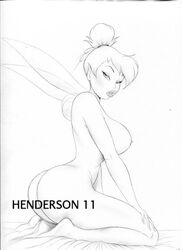 ass back big_breasts breasts disney disney_fairies fairy from_behind henderson large_breasts monochrome nipples nude peter_pan_(disney) short_hair sideboob tinker_bell wings