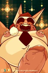 2024 abstract_background anthro barbell_piercing canid canine canis chocolateandmilk christmas christmas_clothing christmas_headwear clothing dated domestic_dog erection eyes_closed front_view fur genitals hat headgear headwear hi_res holidays humanoid_genitalia humanoid_penis male male_anthro mammal nipple_barbell nipple_piercing nipples orange_body orange_fur overweight overweight_anthro overweight_male penis piercing pink_nipples pink_penis red_clothing red_hat red_headwear richard_(chocolateandmilk) santa_hat signature solo yellow_body yellow_fur