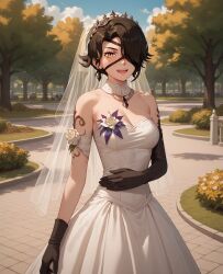ai_generated black_hair bride cinder_fall eye_patch nimona1491_(artist) rwby wedding_dress