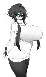 1girls 2023 blush blushing_at_viewer cute embarrassed female gift green_eyes greyscale hiding_gift hiding_object huge_breasts large_breasts leggings looking_at_viewer love nervous original_character shy sketch steam steamy steamy_breath sub-res sweater sweater_dress thick_thighs tights valentine's_day white_background wholesome