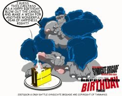 2007 anthro ape birthday_candle bodily_fluids cake cake_slice cum cum_on_cake cum_on_food dessert english_text food genital_fluids genitals glans gor_(tomcat) gorilla grey_penis haplorhine hi_res male mammal musclegut muscular muscular_anthro muscular_male nipples penis pink_balls pink_glans pink_nipples primate solo speech_bubble text tomcat_(artist)