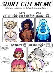 blue_diamond_(steven_universe) blue_skin cartoon_network dark-skinned_female diamond_authority eda_clawthorne english_text family_guy gem_(species) gilf himiko_toga large_breasts light-skinned_female max1mus meg_griffin milf my_hero_academia nipples nipples_visible_through_clothing ok_k.o.!_let's_be_heroes shirt_cut_meme steven_universe text text_bubble the_owl_house wilhamena