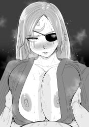 1boy 1girls alternate_breast_size asian asian_female baiken big_breasts blush breast_grab breast_hold breasts double_breast_grab embarrassed engulfing_paizuri eye_patch greyscale guilty_gear guilty_gear_strive guilty_gear_xrd hair_down huge_breasts kaiman_garupan large_breasts looking_at_viewer monochrome nipples paizuri paizuri_lead_by_male paizuri_on_lap penis pov pov_eye_contact pov_paizuri samurai straight sweat yukata