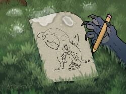 animal_genitalia anus ass cloaca dragon drawing feces female feral genitals grass hi_res paper pawpads paws pencil_(object) plant raised_tail scalie scat solo spread_legs spreading stickybait tail urate wings