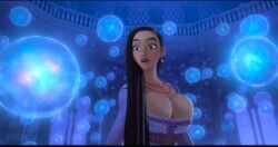 1girls asha_(disney) belt braided_hair breasts brown_eyes bubbles cartoony cleavage cleavage_overflow clothed clothed_female dark-skinned_female dark_skin disney disney_princess earrings edit emmanuelle_(pixiv) eyebrows_raised female female_only gigantic_breasts huge_breasts large_breasts light_brown_eyes long_hair long_sleeves massive_breasts necklace open_mouth palace pierced_ears purple_dress sanpaku screencap screenshot_edit self_upload wide-eyed wide_eyed wish_(film)