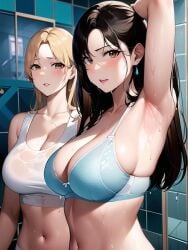 2girls ai_generated ai_mirror arm_up armpits belly_button black_hair blonde_hair blue_bra blush brown_eyes earrings long_hair looking_angry looking_at_viewer looking_uncomfortable medium_breasts shower sport_bra sport_top tile_wall wet white_skin white_top