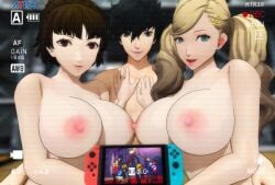 3d akira_kurusu ann_takamaki atlus big_breasts clothing electronics female handheld_game_console htr18 human joker_(persona) makoto_niijima male pale_skin persona persona_5 persona_5_tactica phantom_thief_suit recording ren_amamiya tagme