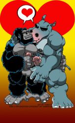 2009 anthro ape balls black_body black_fur common_hippopotamus cuddling duo erection fur genitals glans gor_(tomcat) gorilla grey_balls grey_body grey_nipples grey_skin haplorhine heart hi_res hippopotamid hippor_(tomcat) humanoid_genitalia humanoid_penis male male/male mammal masturbation muscular muscular_anthro muscular_male nipples nude penile penile_masturbation penis pink_glans primate romantic romantic_couple tomcat_(artist)