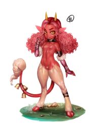 athletic athletic_female breasts colored_skin demon demon_girl demon_horns female female_focus filemonte flat_chest horns looking_at_viewer pubic_hair red_hair red_skin satyr small_breasts solo standing thick_thighs thighs young younger_female