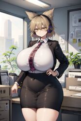 1girls ai_generated alternate_costume angry billboard blazer breasts building collar collared_shirt curvy desk earmuffs hair_between_eyes hourglass_figure huge_breasts indoors large_breasts light_brown_hair long_sleeves looking_at_viewer necktie office office_lady pencil_skirt potted_plant purple_necktie short_hair skirt skyscraper slim_waist solo thick_thighs thighs touhou toyosatomimi_no_miko white_shirt wide_hips window yellow_eyes