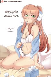 bare_arms bare_legs bare_shoulders bare_thighs bed belly_button big_eyes breasts brown_hair doki_doki_literature_club green_eyes in_bed lingerie long_hair medium_breasts monika_(doki_doki_literature_club) raionart sick small_waist thermometer thick thick_thighs tissue_box underwear wide_hips