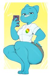 1girl 1girls 2023 2023s 3_toes 4_fingers absurd_res anthro arms_bent barefoot big_breasts big_eyes biped black_claws black_eyebrows black_eyelashes blue_body blue_ears blue_eyelids blue_fur bottomwear breasts cartoon_network cellphone claws clothed clothed_anthro clothed_female clothing curved_eyebrows curvy_figure decorative_pin digital_drawing_(artwork) digital_media_(artwork) digitigrade domestic_cat english_text eyebrows eyelashes eyelids feet felid feline felis female female_focus female_only finger_claws fingers full-length_portrait fully_clothed fully_clothed_anthro fully_clothed_female fur furry furry_female geometric_background glistening_eyelids grey_bottomwear grey_clothing grey_skirt half-closed_eyes hand_on_hip hand_on_own_hip hi_res holding_cellphone holding_object holding_phone looking_at_viewer mammal markings mature_anthro mature_female milf narrowed_eyes nicole_watterson outline phone pin_button pink_nose pinup polo_shirt portrait pose prick_ears shirt simple_background skirt small_breasts solo solo_female solo_focus sound_effects text the_amazing_world_of_gumball thick_thighs thighs toes topwear usnarbit whisker_markings white_clothing white_outline white_polo_shirt white_shirt white_text white_topwear