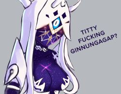 1girls blue_sclera blue_skin breasts ciderwrath cleavage cyclops english_text female fire_emblem fire_emblem_heroes ginnungagap_(fire_emblem) grey_background inviting inviting_to_sex large_breasts long_hair looking_at_viewer monster_girl nintendo paizuri_invitation purple_skin text white_eyes white_hair