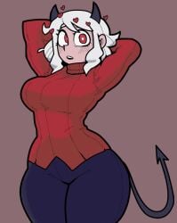 1girls big_breasts big_thighs black_pants blush breasts demon demon_girl demon_tail female hands_behind_head heart heart-shaped_pupils helltaker horns huge_thighs looking_at_viewer modeus_(helltaker) red_eyes renniearts00 solo sweater tagme tail thick_hips thick_thighs thighs turtleneck_sweater white_hair