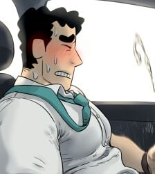 1boy alternate_muscle_size bara black_hair blush collared_shirt crayon_shin-chan cum ear_blush from_side furrowed_brow highres hiroshi_nohara huge_eyebrows large_pectorals male male_focus male_masturbation male_only masturbation mature_male muscular muscular_male necktie out-of-frame_censoring paid_reward_available pectorals profile projectile_cum salaryman shirt solo sweat torogao unspoken_(firebreath110) upper_body white_shirt