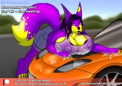 anthro big_breasts breasts canid canine car car_wash clothing female fox hi_res huge_breasts mammal nipples noor_(palmarianfire) overweight palmarianfire purple_nipples slightly_chubby soap solo thick_thighs vehicle wet wet_clothing