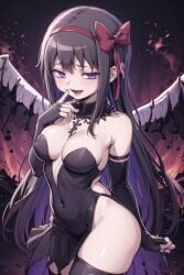 ai_generated akemi_homura akuma_homura ass black_dress black_hair butt_cheek demon devil evil_grin evil_smile female female_focus female_only fire flames goddess hair_ribbon hell highres long_hair looking_at_viewer madoka_worship magical_girl mahou_shoujo_madoka_magica puella_magi_madoka_magica red_ribbon side_slit solo solo_female solo_focus thick_thighs thighhighs wings