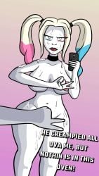 1girls barely_visible_genitalia batman_(series) blonde_hair blue_highlights cum cum_on_body cum_on_breasts cum_on_face dc dc_comics female harleen_quinzel harley_quinn harley_quinn_(2019) harley_quinn_(series) holding_phone large_ass large_breasts max1mus nipples one_finger_selfie_challenge pink_highlights pov selfie selfie_pose upset white_skin wide_hips