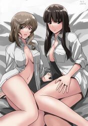 2girls arm_support bottomless breasts brown_eyes brown_hair cleavage girls_und_panzer large_breasts legs_together long_hair looking_at_viewer matsui_yasutsugu mature_female multiple_girls naked_shirt navel nishizumi_shiho on_bed open_clothes open_mouth open_shirt ring shimada_chiyo shirt