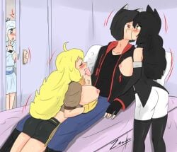 1boy 3girls black_hair black_hair_female blake_belladonna blonde_female blonde_hair blowjob boobjob breasts cat_ears clothed_male jin_satou kissing licking_penis long_hair long_hair_female original_character red_eye rwby scar_across_eye shocked spying weiss_schnee white_hair yang_xiao_long zronku