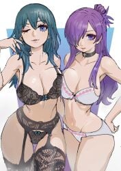 2girls ;o asymmetrical_docking black_panties bra breast_press breasts byleth_(female)_(fire_emblem) byleth_(fire_emblem) byleth_(fire_emblem)_(female) cleavage english_commentary female female_only fire_emblem fire_emblem:_three_houses fire_emblem_warriors:_three_hopes garter_straps hair_bun hair_over_one_eye large_breasts lingerie looking_at_viewer multiple_girls navel nintendo one_eye_closed panties poechan purple_eyes purple_hair shez_(female)_(fire_emblem) shez_(fire_emblem) single_hair_bun smile stomach symmetrical_docking teal_hair underwear white_panties wink