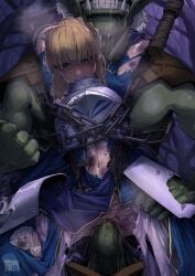 absurdres artoria_pendragon_(fate) blonde_hair censored chains clenched_teeth defeat fanny_packing fate_(series) goblin goblin_male green_eyes highres injury monster rape ryona shitappa0120 teeth torn_clothes vaginal_penetration wince