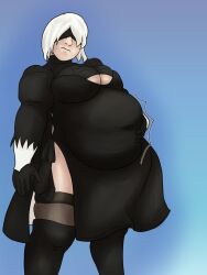 1girls bbw belly big_belly big_breasts blindfold blue_background breasts chubby clothed clothing fat female female_only huge_belly light-skinned_female light_skin looking_at_viewer nier nier:_automata obese overweight short_hair solo thrownspear white_hair yorha_2b