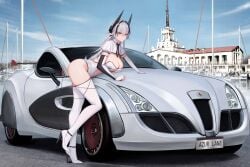 1girls azur_lane black_hair breasts car cleavage clothed clothing female female_only fingerless_gloves gloves heels horns huge_breasts kcar66t kursk_(azur_lane) light-skinned_female light_skin looking_at_viewer northern_parliament_(azur_lane) outside race_queen red_eyes revealing_clothes skimpy_clothes solo two_tone_hair underboob underboob_cutout vehicle white_hair