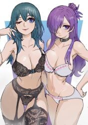 2girls absurdres asymmetrical_docking black_lingerie black_panties blue_eyes bra breast_press breasts byleth_(female)_(fire_emblem) byleth_(fire_emblem) byleth_(fire_emblem)_(female) choker cleavage commentary_request female female_only fire_emblem fire_emblem:_three_houses fire_emblem_warriors:_three_hopes garter_straps hair_bun hair_over_one_eye highres large_breasts lingerie multiple_girls navel nintendo one_eye_closed panties poechan purple_eyes purple_hair shez_(female)_(fire_emblem) shez_(fire_emblem) single_hair_bun smile stomach symmetrical_docking teal_hair underwear white_lingerie white_panties