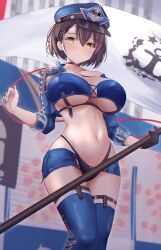 1girls azur_lane baltimore_(azur_lane) baltimore_(finish_line_flagbearer)_(azur_lane) breasts brown_eyes brown_hair eagle_union_(azur_lane) female flag hat huge_breasts light-skinned_female light_skin race_queen short_hair thick_thighs yuuki_shuri