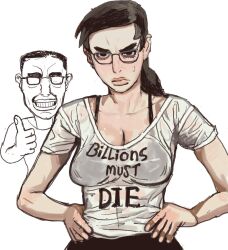 1girls big_breasts billions_must_die_(meme) black_bra bra busty chud chuddette_(mossa) cleavage eyewear female funny genderswap_(mtf) glasses hands_on_hips light-skinned_female meme mossa rule_63 see-through see-through_clothing shirt soyjak thumbs_up white_shirt wide_hips wojak