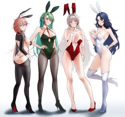 4girls ass azur_lane bare_legs big_butt black_pasties blue_eye blue_eyes blue_hair blush breasts bunnysuit cl_(summer_sama) cleavage clothed clothing eyebrows_visible_through_hair fake_animal_ears fake_rabbit_ears fake_rabbit_tail fake_tail fishnet_pantyhose forehead_mark green_hair heels heterochromia huge_breasts impero_(azur_lane) light-skinned_female light_skin littorio_(azur_lane) looking_at_viewer necktie necktie_between_breasts pantyhose pasties pink_eyes pink_hair red_eyes red_necktie revealing_clothes reverse_bunnysuit roma_(azur_lane) sardegna_empire_(azur_lane) skimpy_clothes vittorio_veneto_(azur_lane) white_hair wrist_cuffs x_pasties yellow_eye