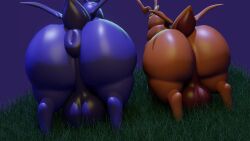 3d_(artwork) anus arthropod balls big_balls blender_(software) blue_anus blue_balls blue_body digital_media_(artwork) duo eny feral generation_5_pokemon genitals grass hi_res huge_balls larger_male male male/male nauiho nintendo orange_body ovny plant pokemon pokemon_(species) puffy_anus purple_background quadruped raised_tail rear_view red_balls saggy_balls scolipede simple_background size_difference smaller_male tail yellow_sclera