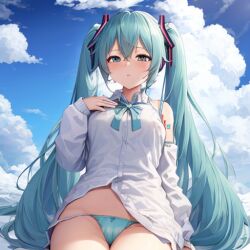 ai_generated ai_hands blue_eyes blue_hair blue_panties blush cumulonimbus_cloud hatsune_miku low_quality low_res outside twintails user_lovespike vocaloid