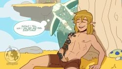 2023 animated blonde_hair bottomwear clothing duo elf erection foreskin genitals grass hair hi_res humanoid humanoid_pointy_ears hylian light_body light_skin link looking_pleasured luckylui male male_only mammal markings masturbation nintendo nipples penile penile_masturbation penis plant pubes rauru_(tears_of_the_kingdom) shorts signature spirit tears_of_the_kingdom the_legend_of_zelda uncircumcised uncircumcised_penis uncut zonai