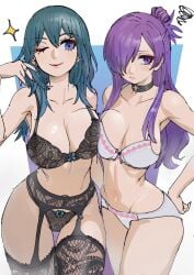 2girls absurdres annoyed asymmetrical_docking black_lingerie black_panties blue_eyes bra breast_press breasts byleth_(female)_(fire_emblem) byleth_(fire_emblem) byleth_(fire_emblem)_(female) choker cleavage commentary_request female female_only fire_emblem fire_emblem:_three_houses fire_emblem_warriors:_three_hopes garter_straps hair_bun hair_over_one_eye highres large_breasts lingerie multiple_girls navel nintendo one_eye_closed panties poechan purple_eyes purple_hair shez_(female)_(fire_emblem) shez_(fire_emblem) single_hair_bun smile stomach symmetrical_docking teal_hair underwear white_lingerie white_panties