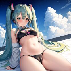 ai_generated ai_hands belly_button black_bra black_panties blue_eyes blue_hair blush cameltoe cumulonimbus_cloud detailed_background hatsune_miku low_quality lowres pool pussy_visible_through_clothes pussy_visible_through_panties pussy_visible_through_thong small_breasts thighs twintails user_lovespike vocaloid