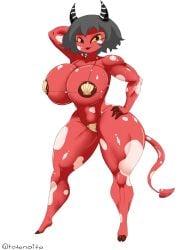 absurd_res big_breasts bikini breasts clothing demon demon_humanoid female grey_hair hair helluva_boss hi_res horns humanoid imp lin_(helluva_boss) mature_female muscular muscular_female red_body simple_background smile solo swimwear tail thick_thighs totonaito