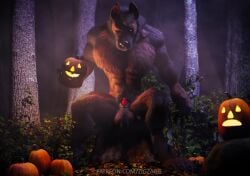 1boy 3d 3d_animation animal_genitalia animal_penis animated anthro balls barazoku big_balls canid canine canis fur furry gay halloween hi_res highres holidays looking_at_viewer male male_focus male_only mammal manly mp4 muscular_anthro penis pumpkin solo solo_male sound tagme video werecanid werecanine werewolf wolf zigzagg_(artist)