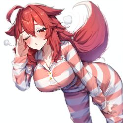 ai_generated aigbrea bending_over blush cleavage fox_ears fox_girl fox_tail large_breasts one_eye_closed pajamas red_eyes red_hair simple_background sleepy tired