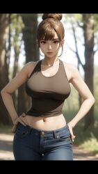 ai_generated armpits arms_up beach belly_button big_breasts bikini brown_eyes brown_hair cleavage hourglass_figure jujutsu_kaisen looking_at_viewer nanako_hasaba room