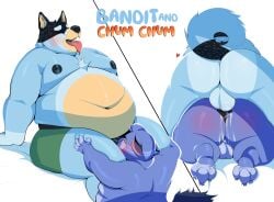 anal anal_sex anthro ass balls bandit_heeler bluey_(series) bodily_fluids butt_markings canid canine canis chinchilla chinchillid chubby_anthro chubby_male chum_chum_chilla clothing cum cum_in_ass cum_inside domestic_dog duo fellatio genital_fluids genitals hi_res male male/male mammal markings nude oral penetration penile rodent sex tigertimeworks underwear