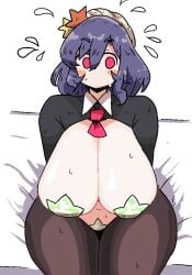 1girls big_breasts breasts covered_nipples covered_pussy goddess kanako_yasaka light-skinned_female mature_female mostly_clothed notnoe_(dxcl) pink_cheeks purple_hair red_eyes reverse_bunnysuit sitting solo solo_female sweat thick_thighs thighs touhou white_background