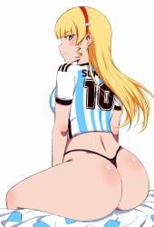 1girls 2022_fifa_world_cup angel_gabriel. argentina ass back_view big_ass blonde_hair blush box_wonderland bubble_ass bubble_butt female fifa green_eyes hairband heanna_sumire hi_res huge_ass jersey looking_at_viewer looking_back love_live! love_live!_superstar!! national_personification no_pants sideboob sitting soccer soccer_uniform solo solo_female solo_focus sportswear thick_ass thick_thighs thighhighs thighs thong wide_hips world_cup young