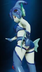 3d_(artwork) absurd_res ass bandai_namco blue_clothing breasts clothing digimon digimon_(species) digital_media_(artwork) female fingerless_gloves gloves green_body handwear hi_res humanoid latex legwear looking_at_viewer looking_back looking_back_at_viewer monster_girl_(genre) ranamon rear_view side_boob solo tailsltx thigh_highs translucent translucent_clothing